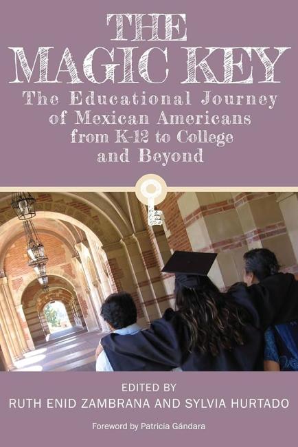 Lavender background with white writing. Book cover for the Magic Key. A group of students walk down an ornate outdoor college walkway which their backs to the camera.